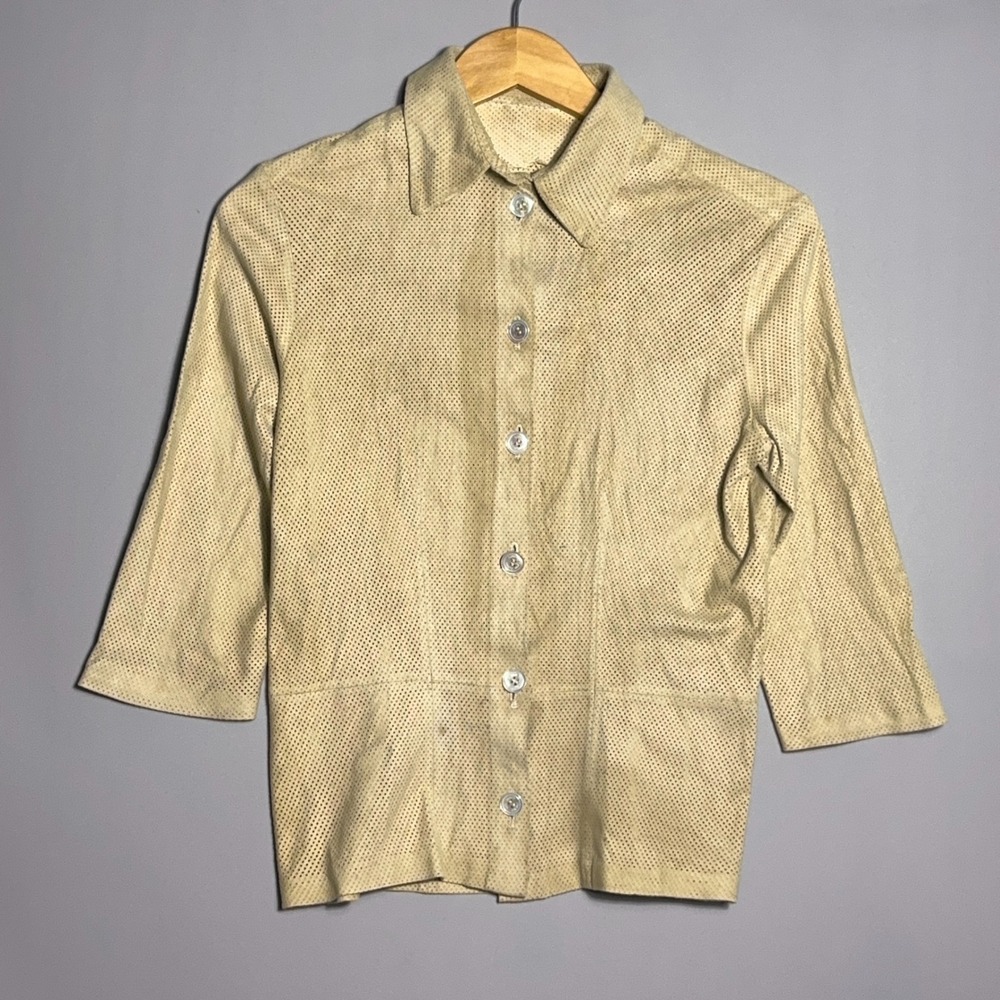 Loewe Shirt Womens Size Medium Perforated Suede Leather Button Tan Beige Spain‎